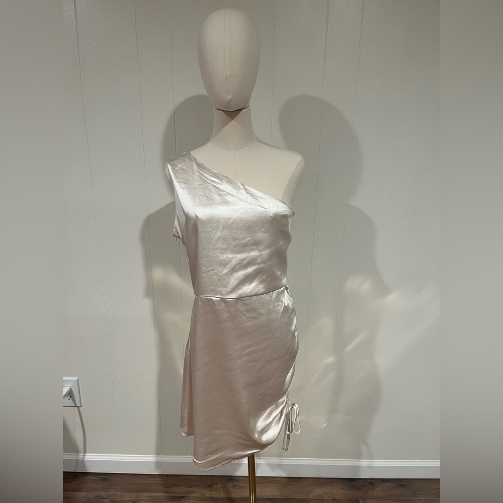 Glam One Shoulder Mini Dress w Cinched/Ruched Side, Champagne Cream Color